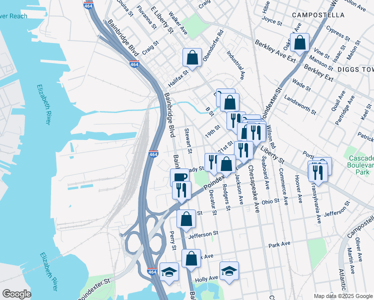 map of restaurants, bars, coffee shops, grocery stores, and more near 900 Stewart Street in Chesapeake