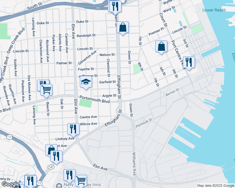 map of restaurants, bars, coffee shops, grocery stores, and more near 2530 Effingham Street in Portsmouth