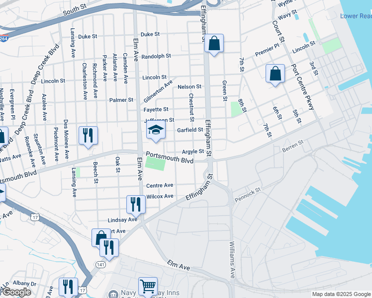 map of restaurants, bars, coffee shops, grocery stores, and more near 922 Argyle Street in Portsmouth