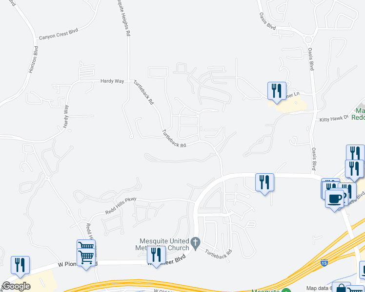 map of restaurants, bars, coffee shops, grocery stores, and more near 720 Turtleback Road in Mesquite