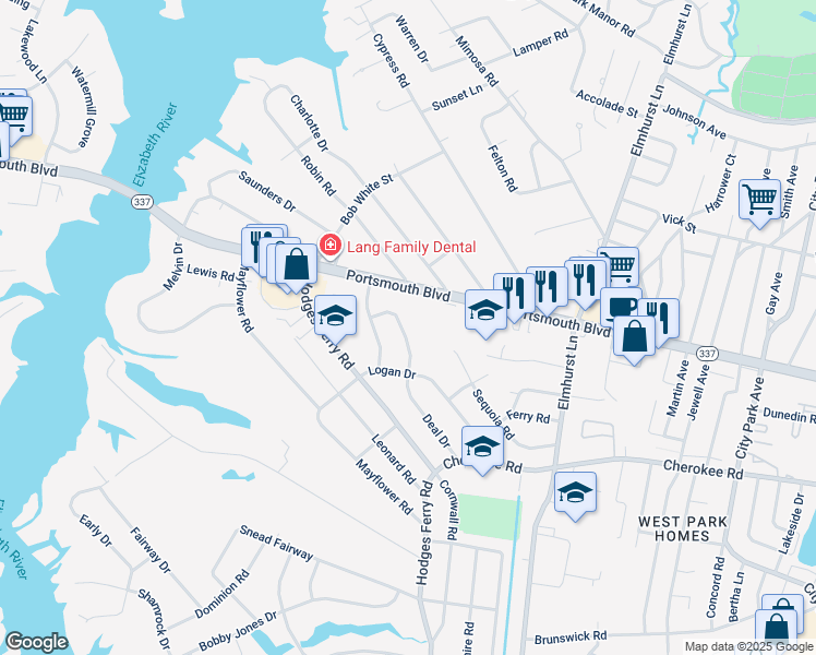 map of restaurants, bars, coffee shops, grocery stores, and more near 213 Deal Drive in Portsmouth