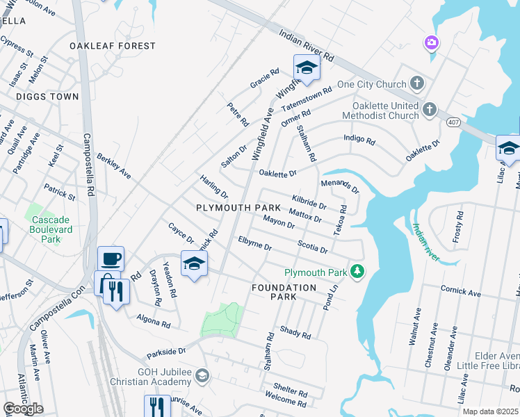 map of restaurants, bars, coffee shops, grocery stores, and more near 505 Mooney Road in Chesapeake