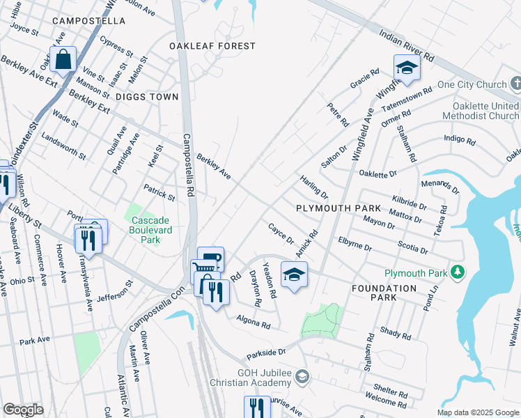 map of restaurants, bars, coffee shops, grocery stores, and more near 802 Bethel Road in Chesapeake