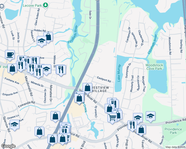 map of restaurants, bars, coffee shops, grocery stores, and more near 6418 Alexandria Lane in Virginia Beach