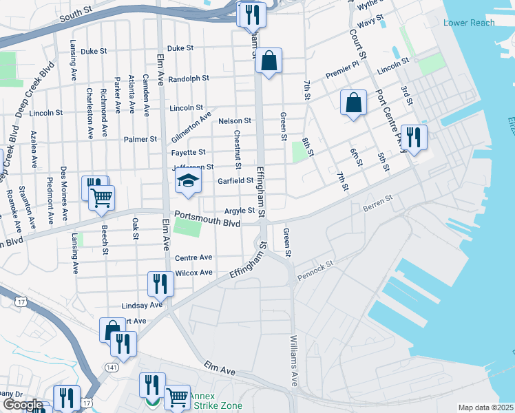 map of restaurants, bars, coffee shops, grocery stores, and more near 2530 Effingham Street in Portsmouth