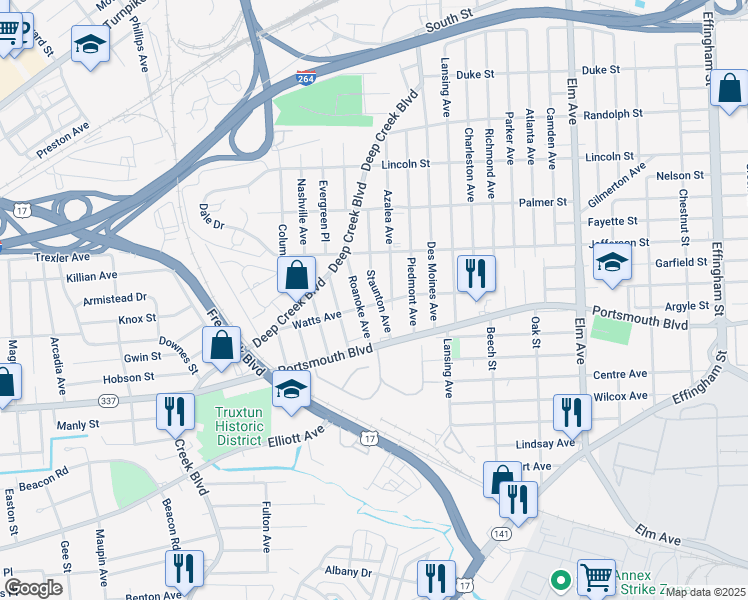 map of restaurants, bars, coffee shops, grocery stores, and more near 2709 Roanoke Avenue in Portsmouth