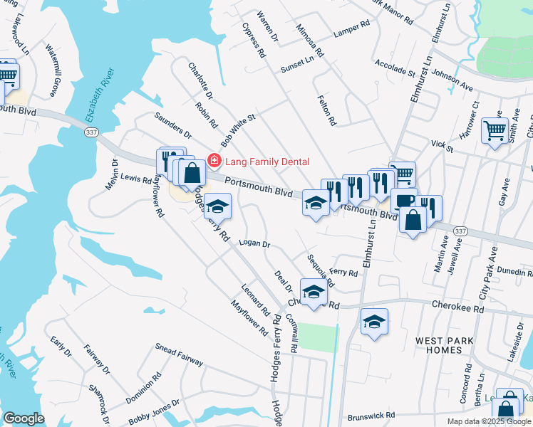map of restaurants, bars, coffee shops, grocery stores, and more near 213 Deal Drive in Portsmouth