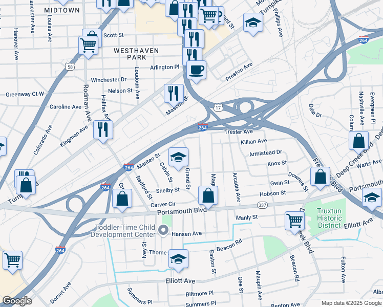 map of restaurants, bars, coffee shops, grocery stores, and more near 23 Grand Street in Portsmouth