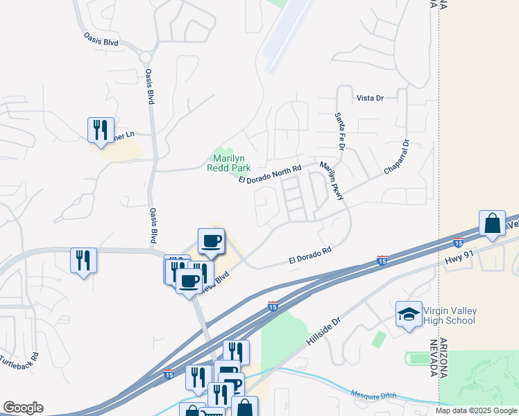 map of restaurants, bars, coffee shops, grocery stores, and more near 417 Mesa Boulevard in Mesquite