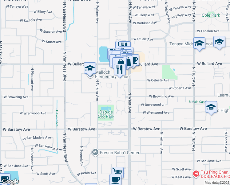 map of restaurants, bars, coffee shops, grocery stores, and more near 2107 West Browning Avenue in Fresno