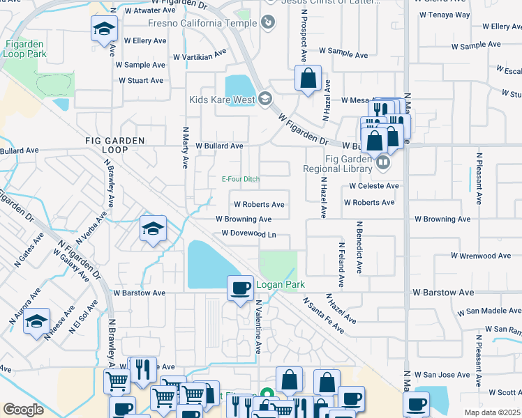 map of restaurants, bars, coffee shops, grocery stores, and more near 3383 West Browning Avenue in Fresno
