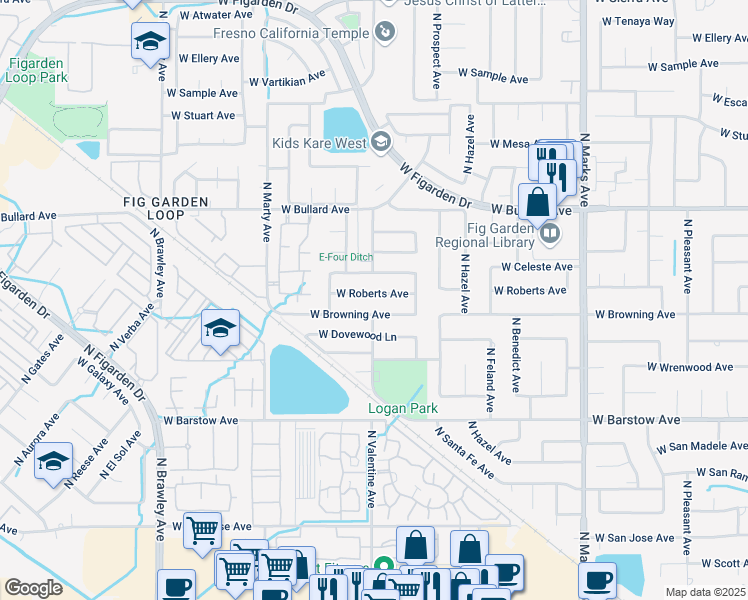 map of restaurants, bars, coffee shops, grocery stores, and more near 3383 West Browning Avenue in Fresno