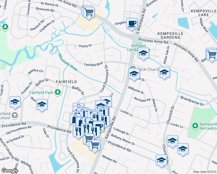 map of restaurants, bars, coffee shops, grocery stores, and more near 640 Lord Dunmore Drive in Virginia Beach