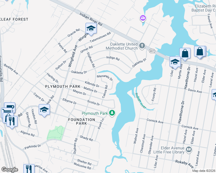 map of restaurants, bars, coffee shops, grocery stores, and more near 503 Tekoa Road in Chesapeake