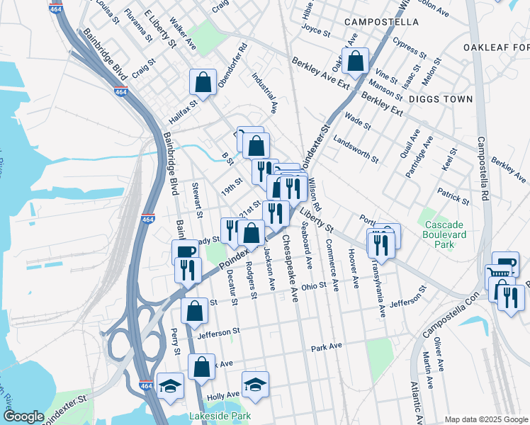 map of restaurants, bars, coffee shops, grocery stores, and more near 1325 Poindexter Street in Chesapeake