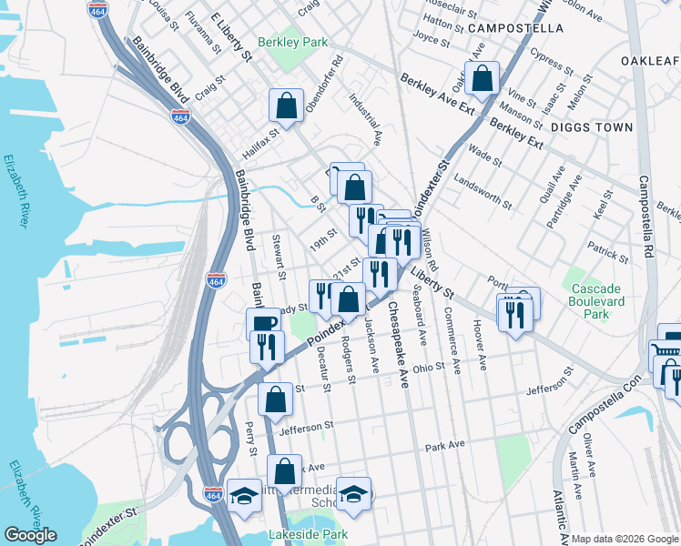 map of restaurants, bars, coffee shops, grocery stores, and more near 809 D Street in Chesapeake