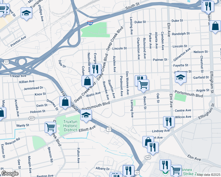 map of restaurants, bars, coffee shops, grocery stores, and more near 2709 Roanoke Avenue in Portsmouth