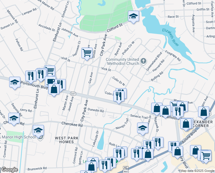map of restaurants, bars, coffee shops, grocery stores, and more near 12 Colin Drive South in Portsmouth
