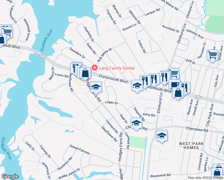 map of restaurants, bars, coffee shops, grocery stores, and more near 216 Deal Drive in Portsmouth
