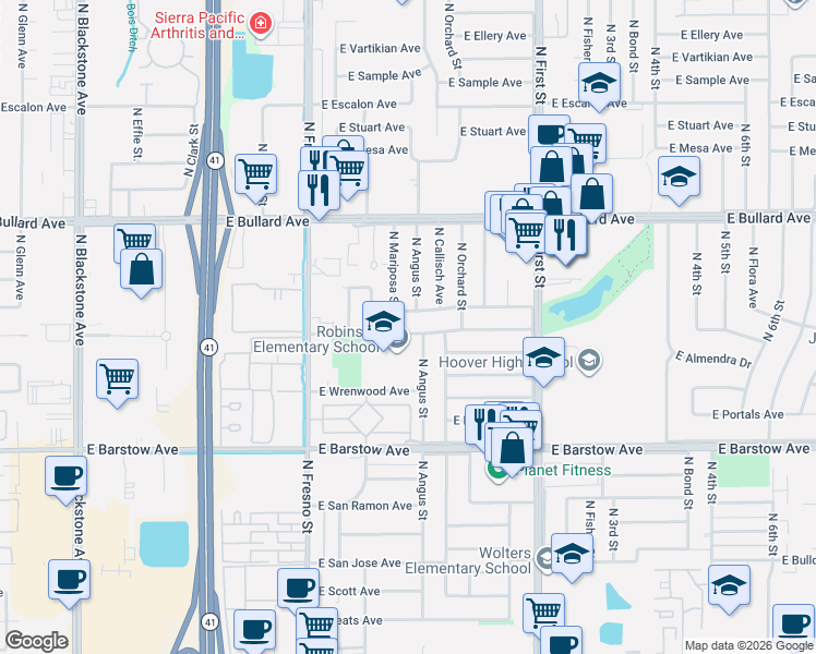 map of restaurants, bars, coffee shops, grocery stores, and more near 555 East Browning Avenue in Fresno