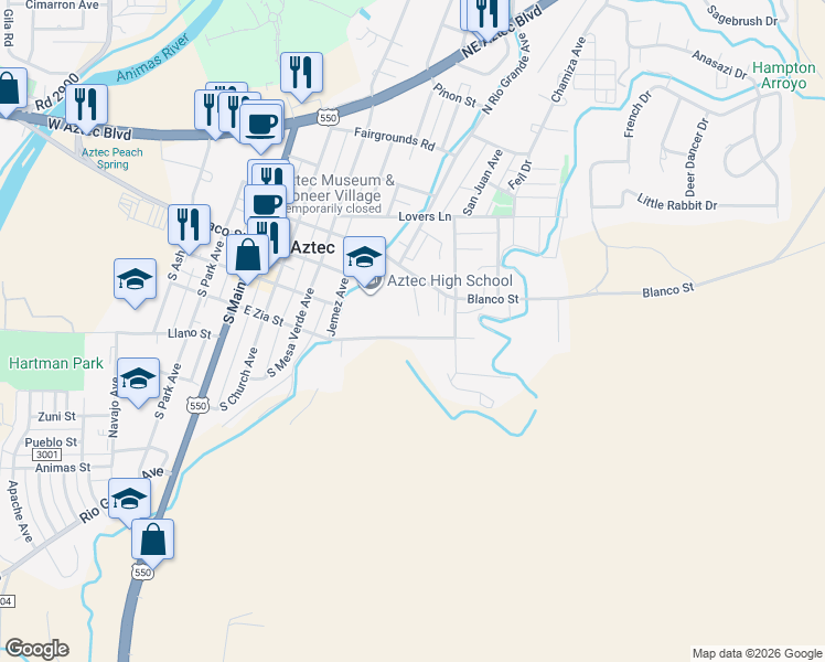 map of restaurants, bars, coffee shops, grocery stores, and more near 551 East Zia Street in Aztec