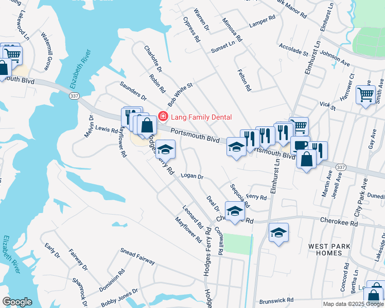 map of restaurants, bars, coffee shops, grocery stores, and more near 216 Deal Drive in Portsmouth