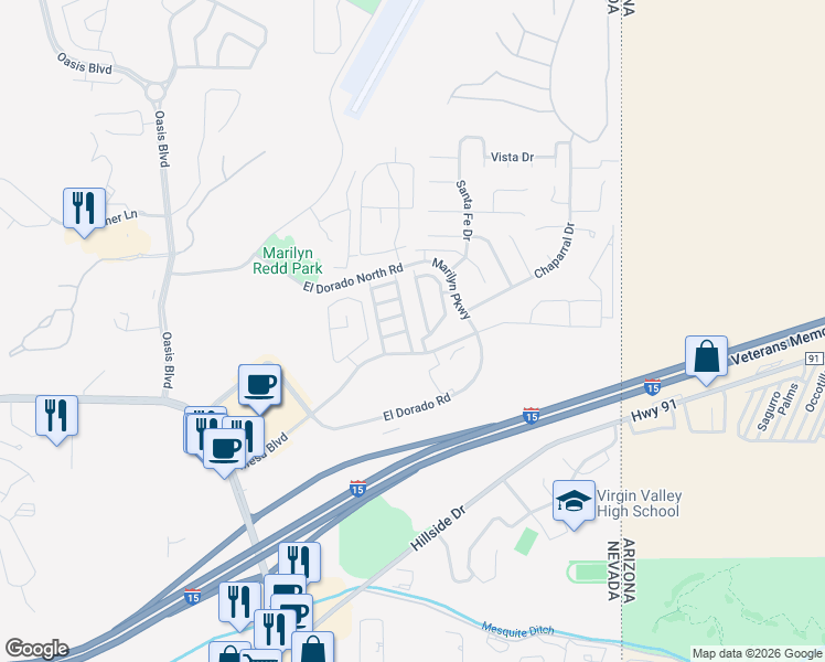 map of restaurants, bars, coffee shops, grocery stores, and more near 653 Mountain Ridge Street in Mesquite