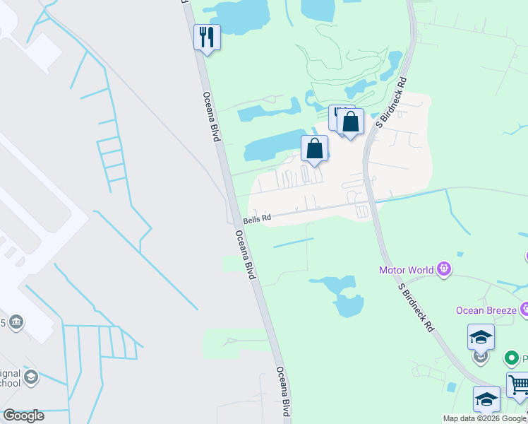 map of restaurants, bars, coffee shops, grocery stores, and more near 1317 Bells Road in Virginia Beach