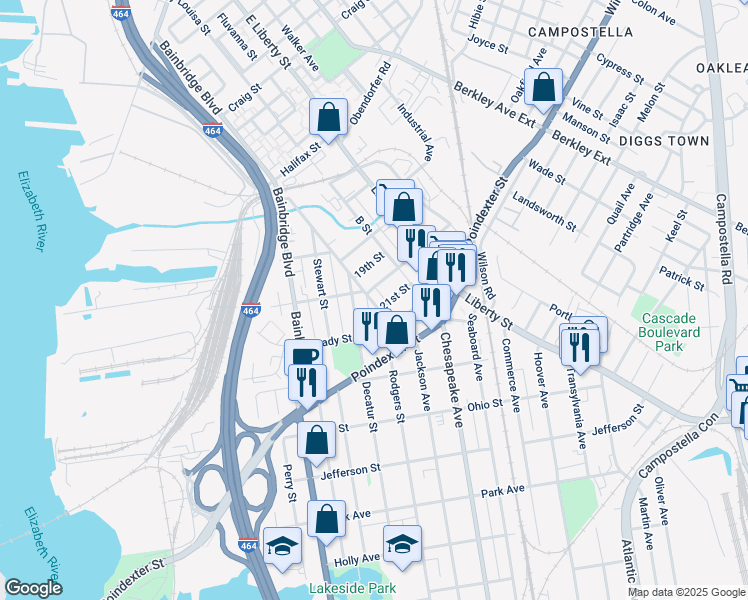 map of restaurants, bars, coffee shops, grocery stores, and more near 707 D Street in Chesapeake