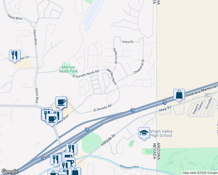 map of restaurants, bars, coffee shops, grocery stores, and more near 580 Mesa Boulevard in Mesquite