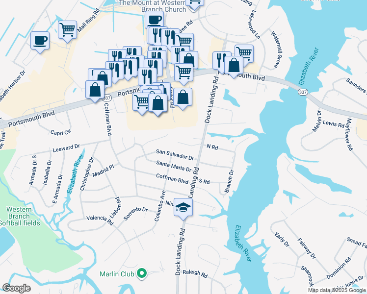 map of restaurants, bars, coffee shops, grocery stores, and more near 4017 Lisas Cove Way in Chesapeake