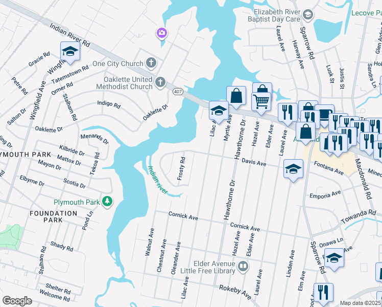 map of restaurants, bars, coffee shops, grocery stores, and more near 1201 Oleander Avenue in Chesapeake