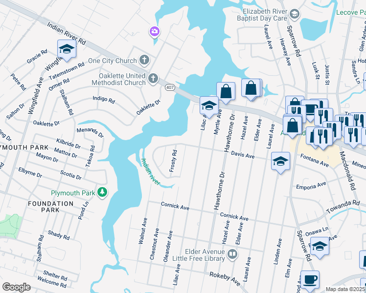 map of restaurants, bars, coffee shops, grocery stores, and more near 1201 Oleander Avenue in Chesapeake