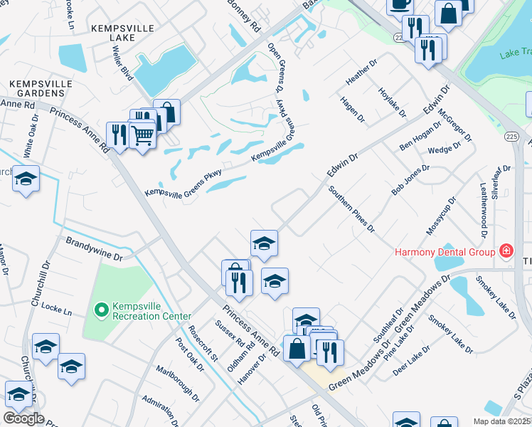 map of restaurants, bars, coffee shops, grocery stores, and more near 705 Edwin Drive in Virginia Beach