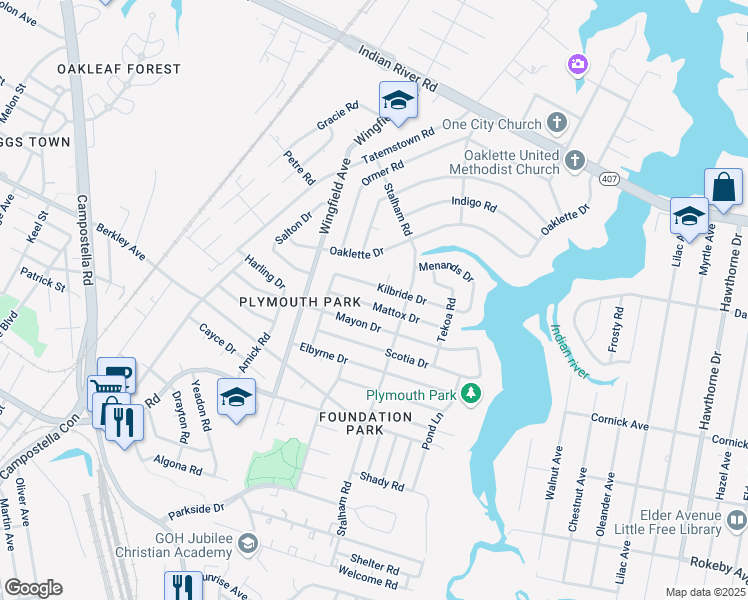 map of restaurants, bars, coffee shops, grocery stores, and more near 2919 Mayon Drive in Chesapeake