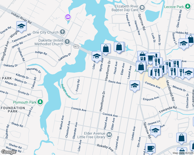 map of restaurants, bars, coffee shops, grocery stores, and more near 1205 Myrtle Avenue in Chesapeake