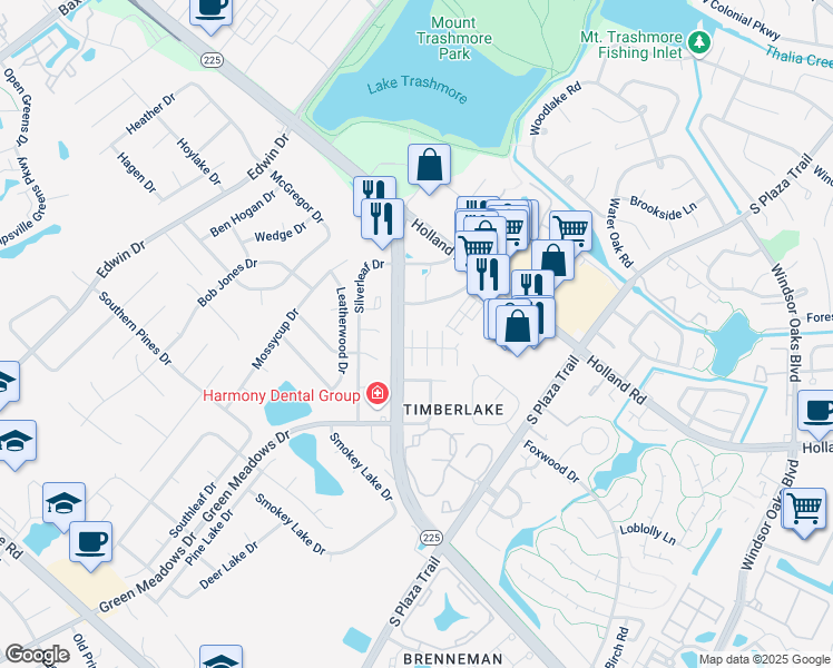 map of restaurants, bars, coffee shops, grocery stores, and more near 1404 Woodscape Lane in Virginia Beach