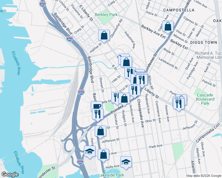 map of restaurants, bars, coffee shops, grocery stores, and more near 911 Decatur Street in Chesapeake