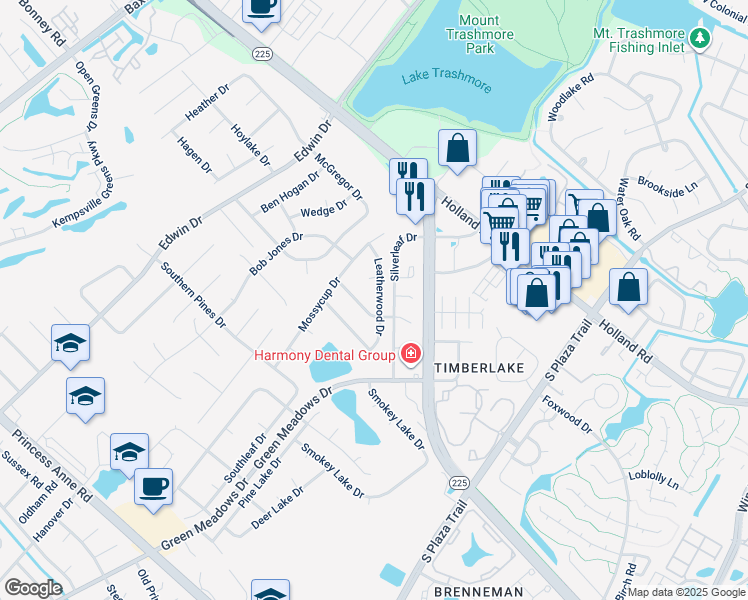 map of restaurants, bars, coffee shops, grocery stores, and more near 4421 Leatherwood Drive in Virginia Beach