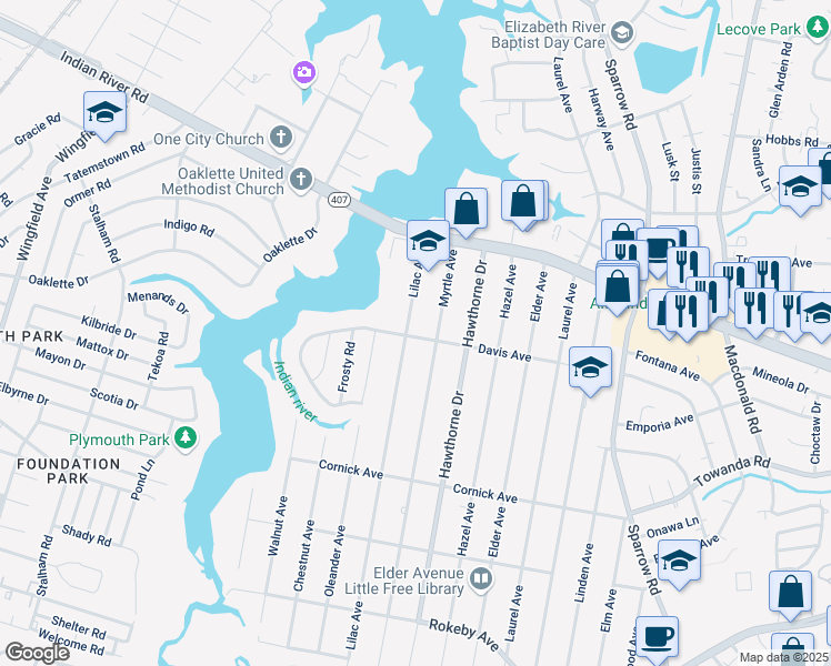 map of restaurants, bars, coffee shops, grocery stores, and more near 1205 Myrtle Avenue in Chesapeake
