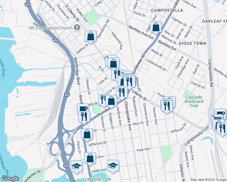 map of restaurants, bars, coffee shops, grocery stores, and more near 809 D Street in Chesapeake