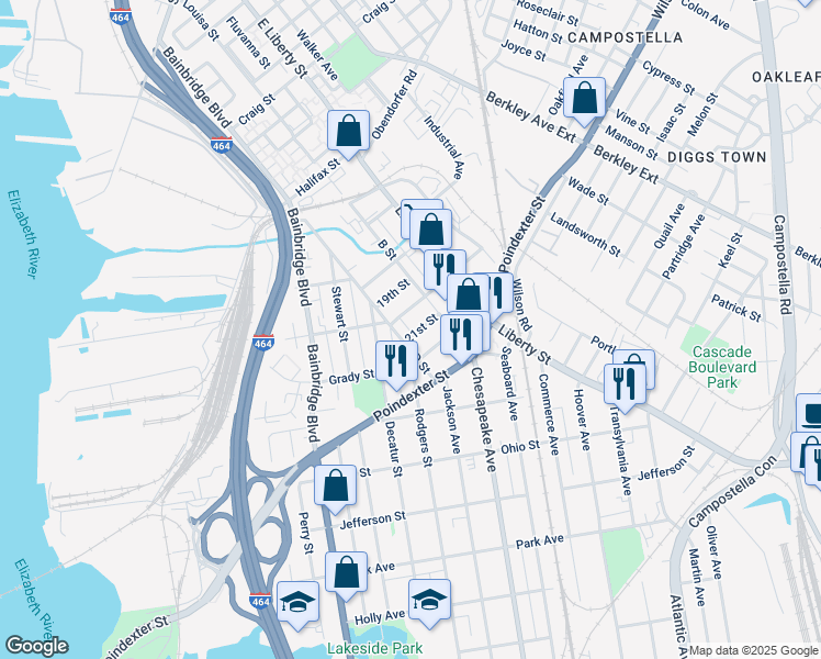 map of restaurants, bars, coffee shops, grocery stores, and more near 809 D Street in Chesapeake