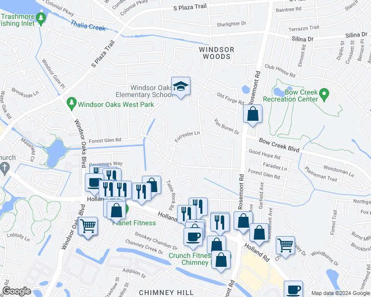map of restaurants, bars, coffee shops, grocery stores, and more near 613 Sandy Springs Lane in Virginia Beach