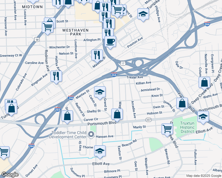 map of restaurants, bars, coffee shops, grocery stores, and more near 360 Carver Circle in Portsmouth