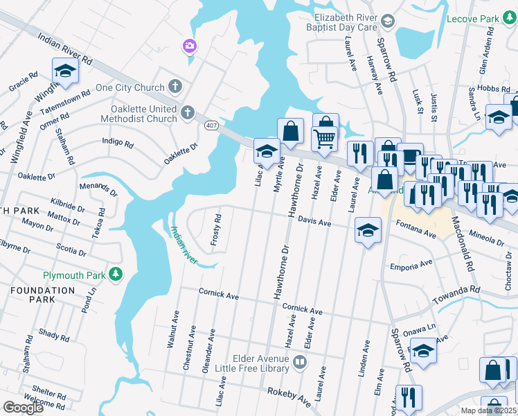 map of restaurants, bars, coffee shops, grocery stores, and more near 1205 Myrtle Avenue in Chesapeake
