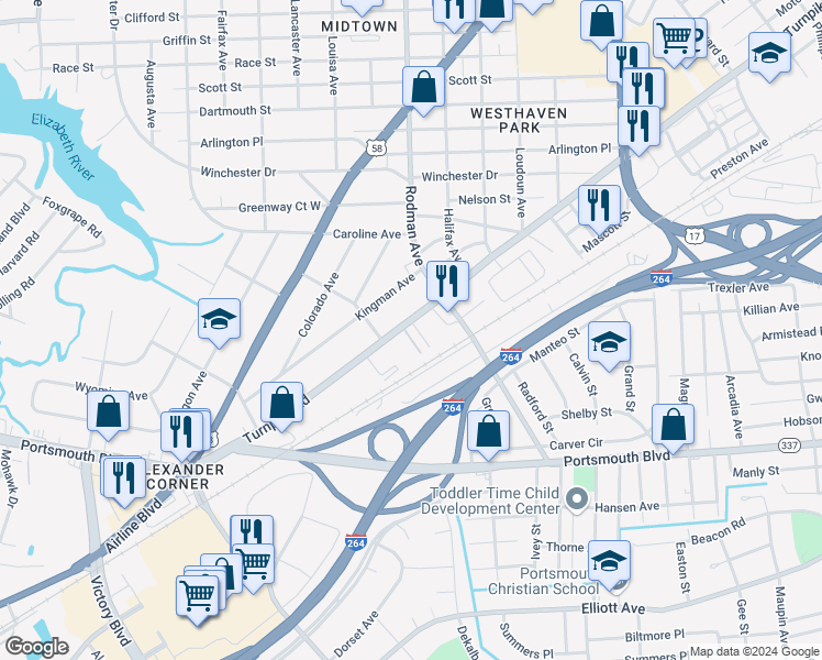 map of restaurants, bars, coffee shops, grocery stores, and more near 3721 Turnpike Road in Portsmouth