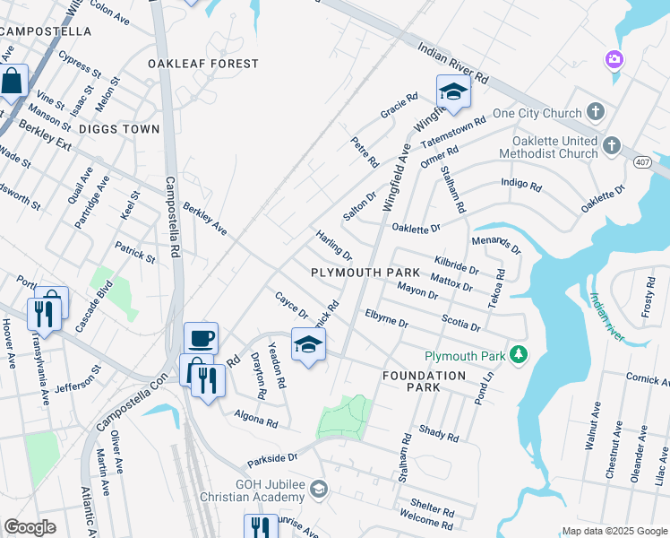 map of restaurants, bars, coffee shops, grocery stores, and more near 2514 Mayon Drive in Chesapeake