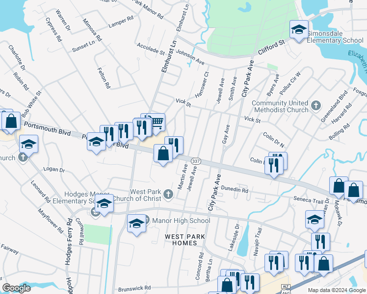 map of restaurants, bars, coffee shops, grocery stores, and more near 4 Maurice Avenue in Portsmouth