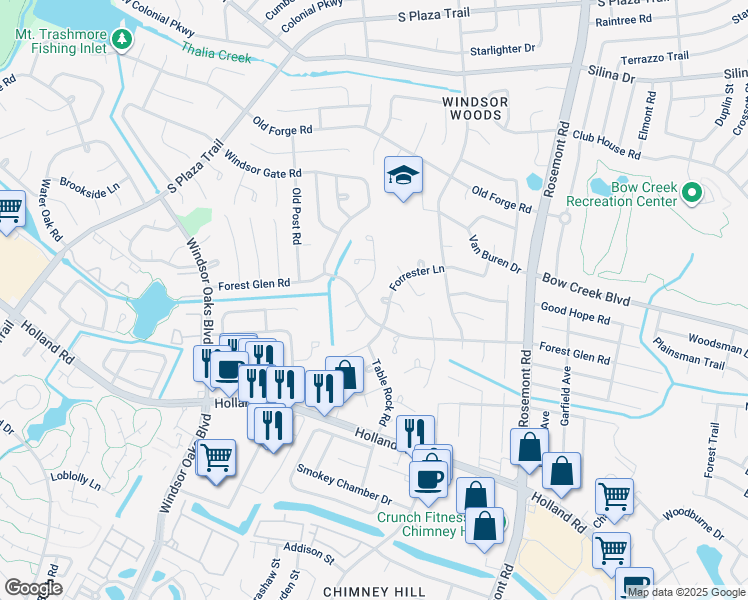 map of restaurants, bars, coffee shops, grocery stores, and more near 600 Oak Grove Court in Virginia Beach
