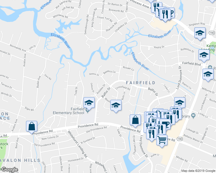 map of restaurants, bars, coffee shops, grocery stores, and more near 5340 Balfor Drive in Virginia Beach